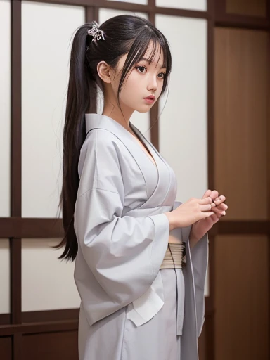 Japanese female, a lot of details, (underweight), detailed black hair, beautiful detailed hair, super fucking beautiful, delicate beautiful face, complex details beautiful and delicate eyes, perfect hands, (flat chest best quality:1.5), perfect and delicate limbs, detailed skin, best quality, ultra-detailed,
(samurai), (1800s), walking motion, high ponytail, (kimono:1.2), (grey Clothes), white lotus, Japanese style architecture,