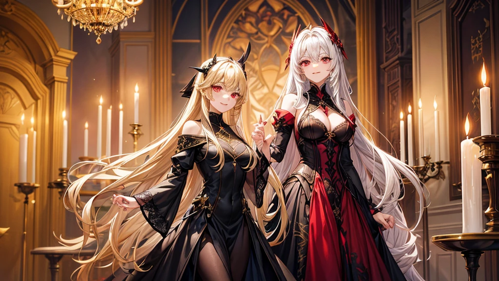 Long blonde hair、Beautiful red eyes、Has sharp fangs、Anime style vampire。she、Numerous candles sit in a magnificent medieval hall casting a warm golden glow。This character is、She is wearing a sophisticated black lace dress with intricate gold detailing.、Has a confident and attractive smile。The red eyes shine、His fangs are visible from his smiling mouth.。In the background、Dark stone wall and、There is a gorgeous chandelier with numerous candles lighting up the scene.。The female figure is attractive and curvaceous。