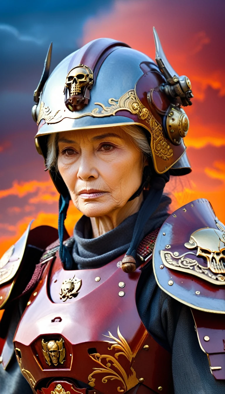 Close-up of a ((extremely beautiful old female warior)) , half human, half machine, their faces a bit partially obscured by military helmets. Their eyes are filled with sadness and longing. The background is a trail of blood and violence. SHe wears a mechanized robot armor, carved with animal elements, human skulls. The sky is filled with swirling, fiery clouds. The photo conveys a strong sense of the warrior's appearance