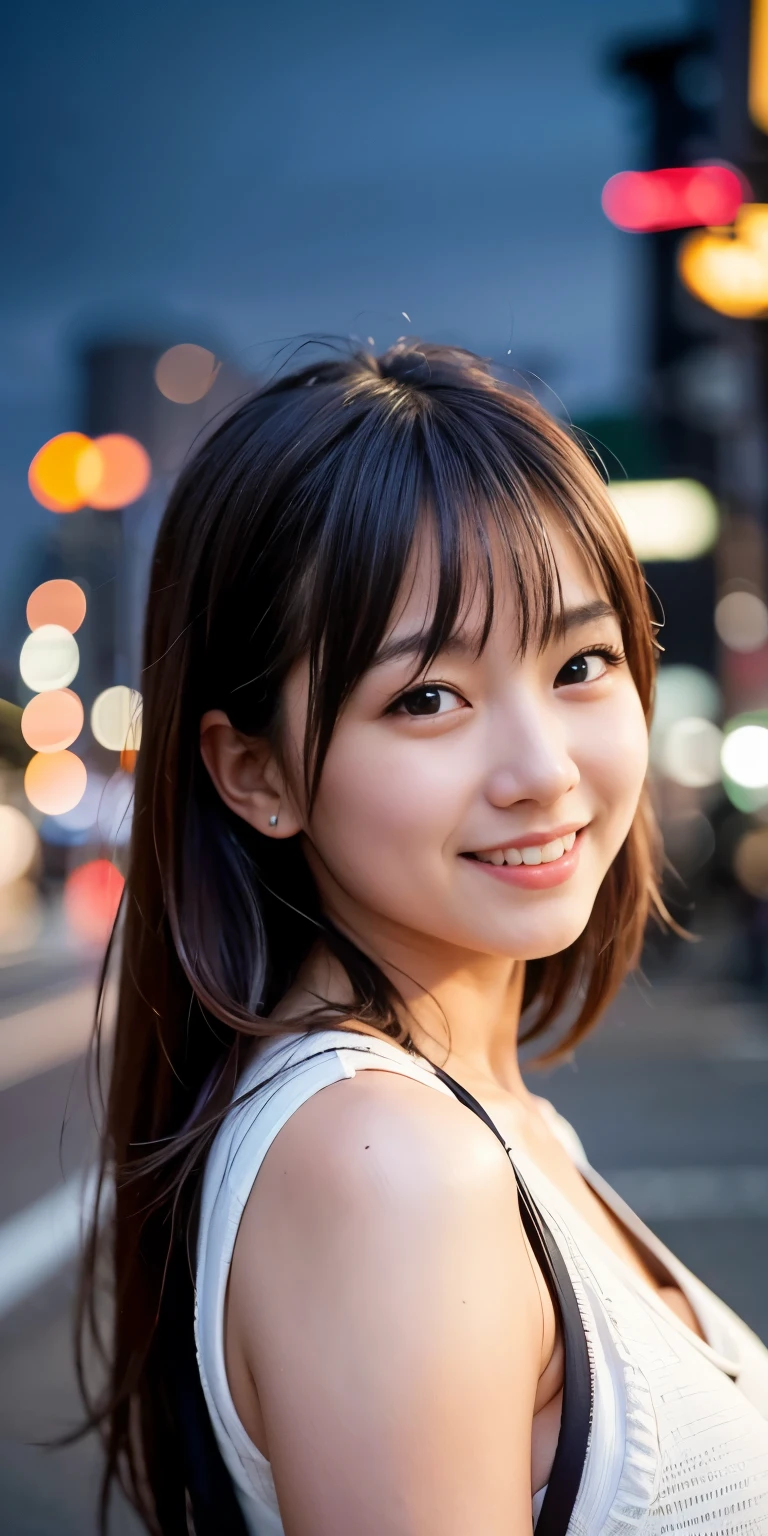1 girl, Tokyo Street,night, Streetscape,City lights,Upper Body,close,smile,, (8k, RAW Photos, Highest quality, masterpiece:1.2),(Realistic, photo-Realistic:1.37),