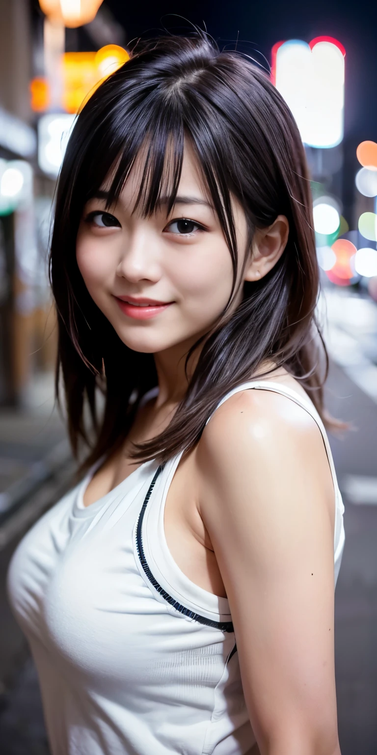 1 girl, Tokyo Street,night, Streetscape,City lights,Upper Body,close,smile,, (8k, RAW Photos, Highest quality, masterpiece:1.2),(Realistic, photo-Realistic:1.37),