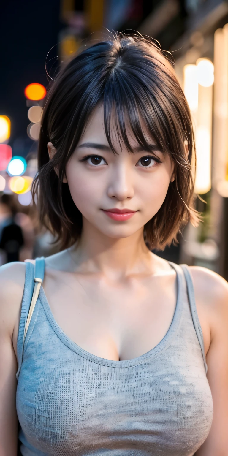 1 girl, Tokyo Street,night, Streetscape,City lights,Upper Body,close,smile,, (8k, RAW Photos, Highest quality, masterpiece:1.2),(Realistic, photo-Realistic:1.37),