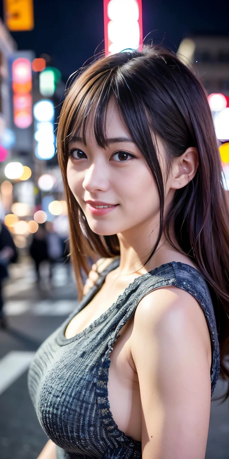 1 girl, Tokyo Street,night, Streetscape,City lights,Upper Body,close,smile,, (8k, RAW Photos, Highest quality, masterpiece:1.2),(Realistic, photo-Realistic:1.37),