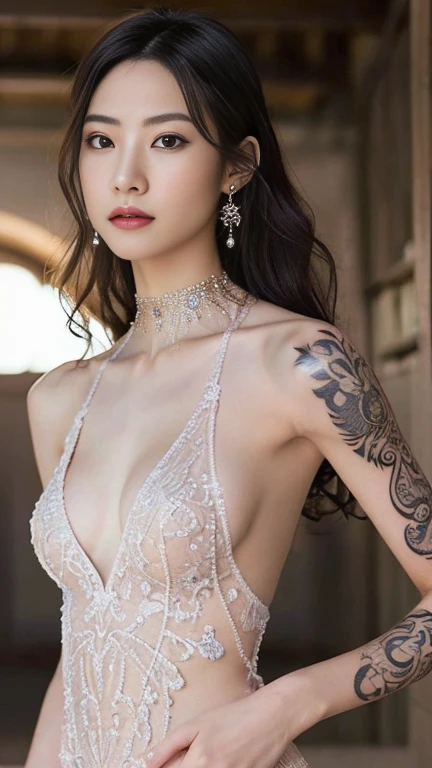 Anime-style woman, thin, thin, whole body, Full of tattoos, Lots of earrings, Beautiful and shiny hair, Rainbow Eyes, Slanted Eyes, Wavy Hair, Kind and charming, shoulderを露出させる, Delicate and sexy collarbone, Attractive oval face, double eyelid, Pink Lips, Small Nose, Concentrated face, Ultra-high resolution, Very detailed, Graceful posture, Nice, ultra-thin, See through, Dark Gray,Solo mesh dress with lots of rhinestones,(arm、shoulder、Tribal tattoo pattern body paint on chest),Glowing Skin, Realistic Background, sunlight,(From below:1.3),(Looking down, Display in viewer:1.3)