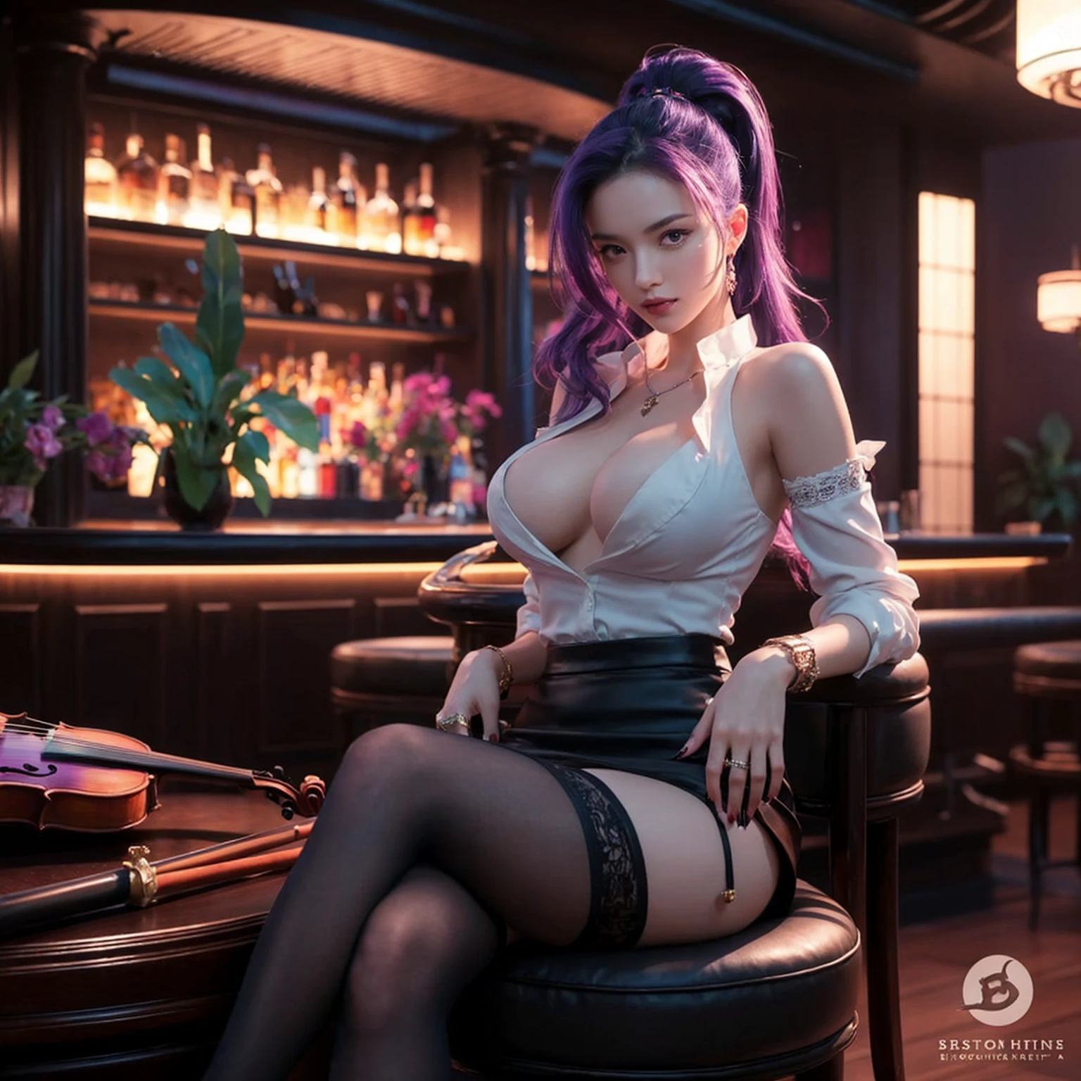 Create an ultra-realistic, high-definition image of a confident and alluring woman with striking purple hair and violet eyes sitting in a luxurious, dimly-lit bar. She is wearing a white blouse, a black skirt, and black thigh-high stockings. The setting is elegant, featuring a well-stocked bar with an array of bottles and vibrant plants. The atmosphere includes a violin and a katana, adding a sophisticated yet mysterious touch. The soft, ambient light highlights the rich colors and intricate details of both the woman and her surroundings, creating a truly captivating scene. Ensure the image is photorealistic, capturing the textures and lighting accurately.
