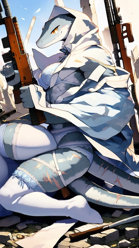 One person、Slender lizard man、masterpiece、Highest quality、Silver body、There are scars on the body、Sharp Eye、Light blue lace underwear、Lace fabric bra、Knee-high socks、garter belt、Long, thin tail、battlefield、Hooded camouflage coat、rifle、On top of rubble in the ruins、Ass、Side view