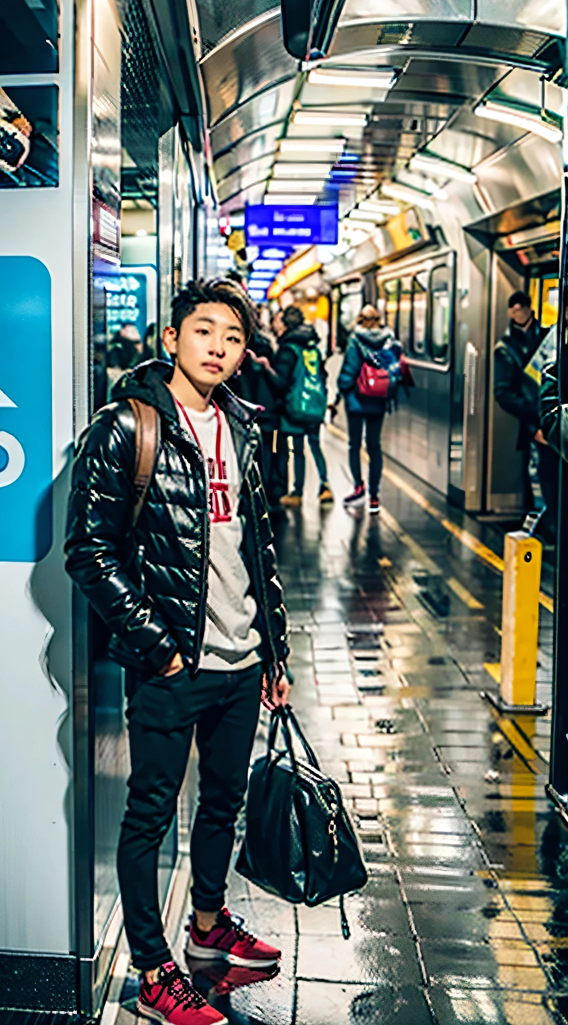 1 young guy leaning on the wall waiting subway coming,
 msw,  