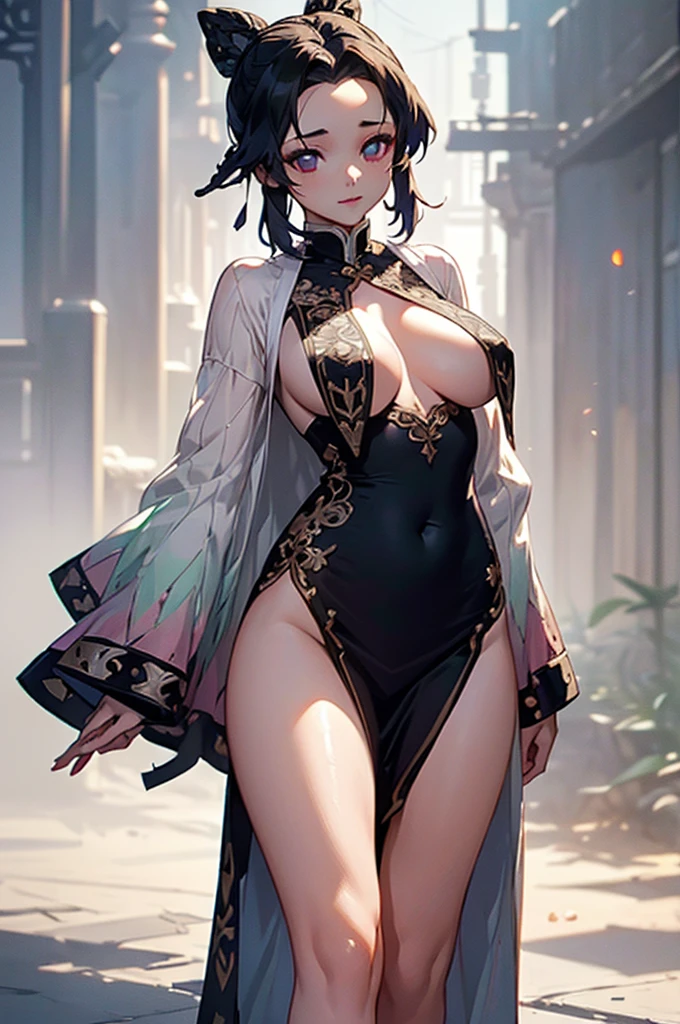 (((beautiful))), Brest curtain, China dress, Open clothes, Huge breasts, ((((Glowing Skin))), (((Intricate details))), High resolution, ((Intricate details, Ultra-detailed)), Cinematic shots, Walking the Streets