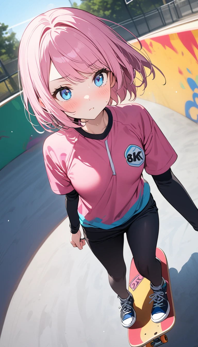 (1 girl),(Best Picture Quality, 8K, Masterpiece:1.3), (high school student:1.5), ((pink lob hair:1.1)), (bob cut),(swept bangs), (cute eyes, pupil black, iris skyblue, youthful face), (mole under right eye), (standard weight), (small breasts),(big hip), (glistening skin:1.2),(pale skin:1.2),(serious:1.3),BREAK,((skateboard uniform)), ((skateboard park)), (play skateboard),(sweat:1.1), ((looking ahead:1.3), ((ride on skateboard)).