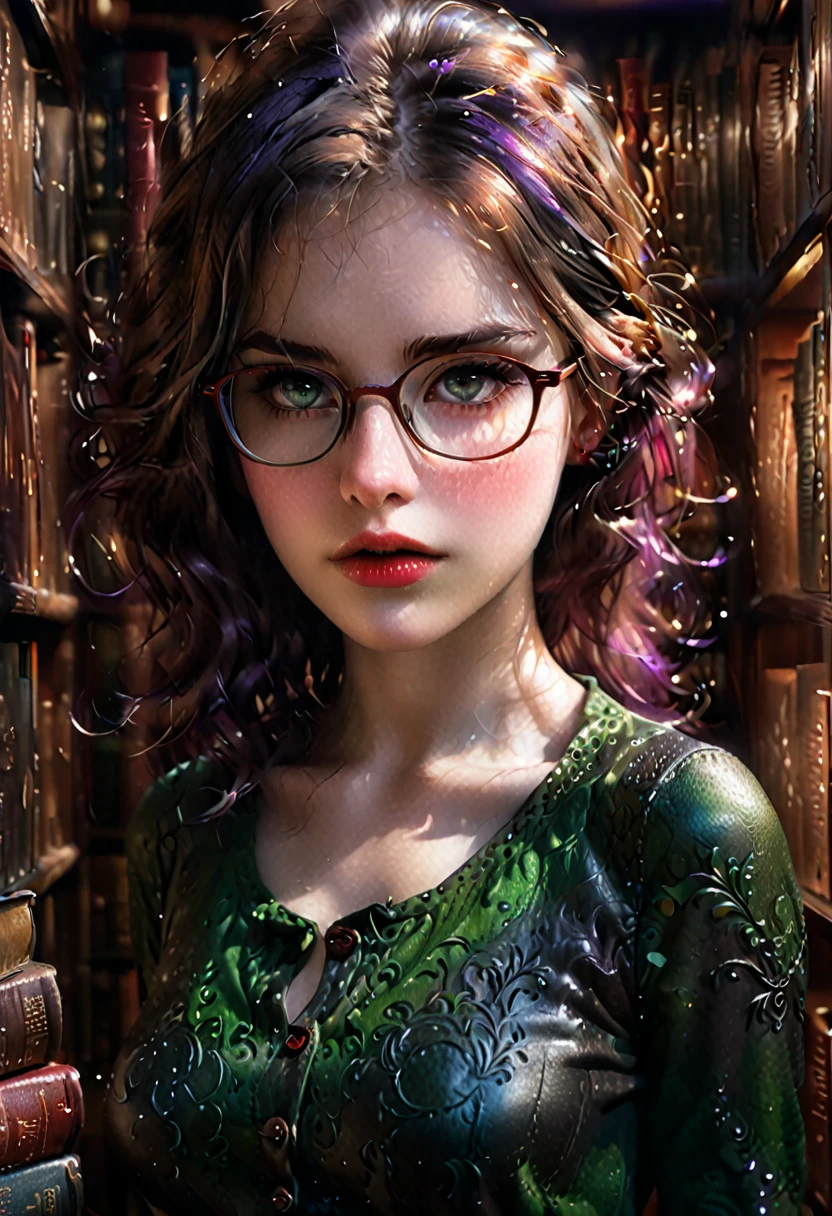 (Cinematic Frame: Realistic, Fine Drawing, Lots of Details) (((ultra realistic))) Photo, masterpiece, top quality, (pale skin), (Ultra detailed face and eyes), 1 girl, Adult, woman, dark fantasy, dramatic, lighting, shading, ((25 year old librarian chestnut colored hair and cute button nose with glasses)), full length, (Natural breasts). (Soft Lighting), (The play of light and shadows in the dark of night), depth of field, bokeh, (special attention to skin detail: 1.2), Detailed leather texture, detailed skin pores. (((surreal atmosphere in the Library in the frame:1.2))), (Color range - midnight black, ox blood red, sap green and royal purple tones), UDR, ((Film grain)), ((rays)), (Glare), ((full body portrait:1.2)).   darkness