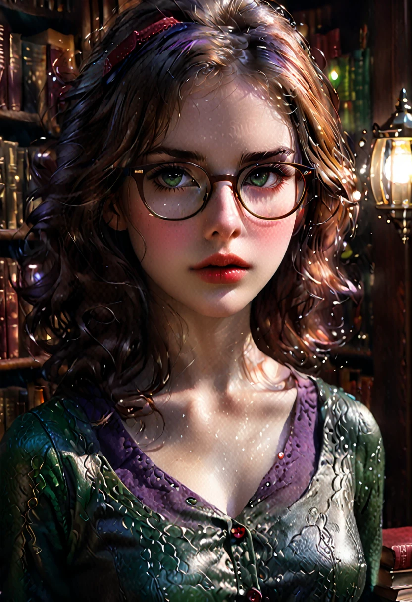 (Cinematic Frame: Realistic, Fine Drawing, Lots of Details) (((ultra realistic))) Photo, masterpiece, top quality, (pale skin), (Ultra detailed face and eyes), 1 girl, Adult, woman, dark fantasy, dramatic, lighting, shading, ((25 year old librarian chestnut colored hair and cute button nose with glasses)), full length, (Natural breasts). (Soft Lighting), (The play of light and shadows in the dark of night), depth of field, bokeh, (special attention to skin detail: 1.2), Detailed leather texture, detailed skin pores. (((surreal atmosphere in the Library in the frame:1.2))), (Color range - midnight black, ox blood red, sap green and royal purple tones), UDR, ((Film grain)), ((rays)), (Glare), ((full body portrait:1.2)). darkness