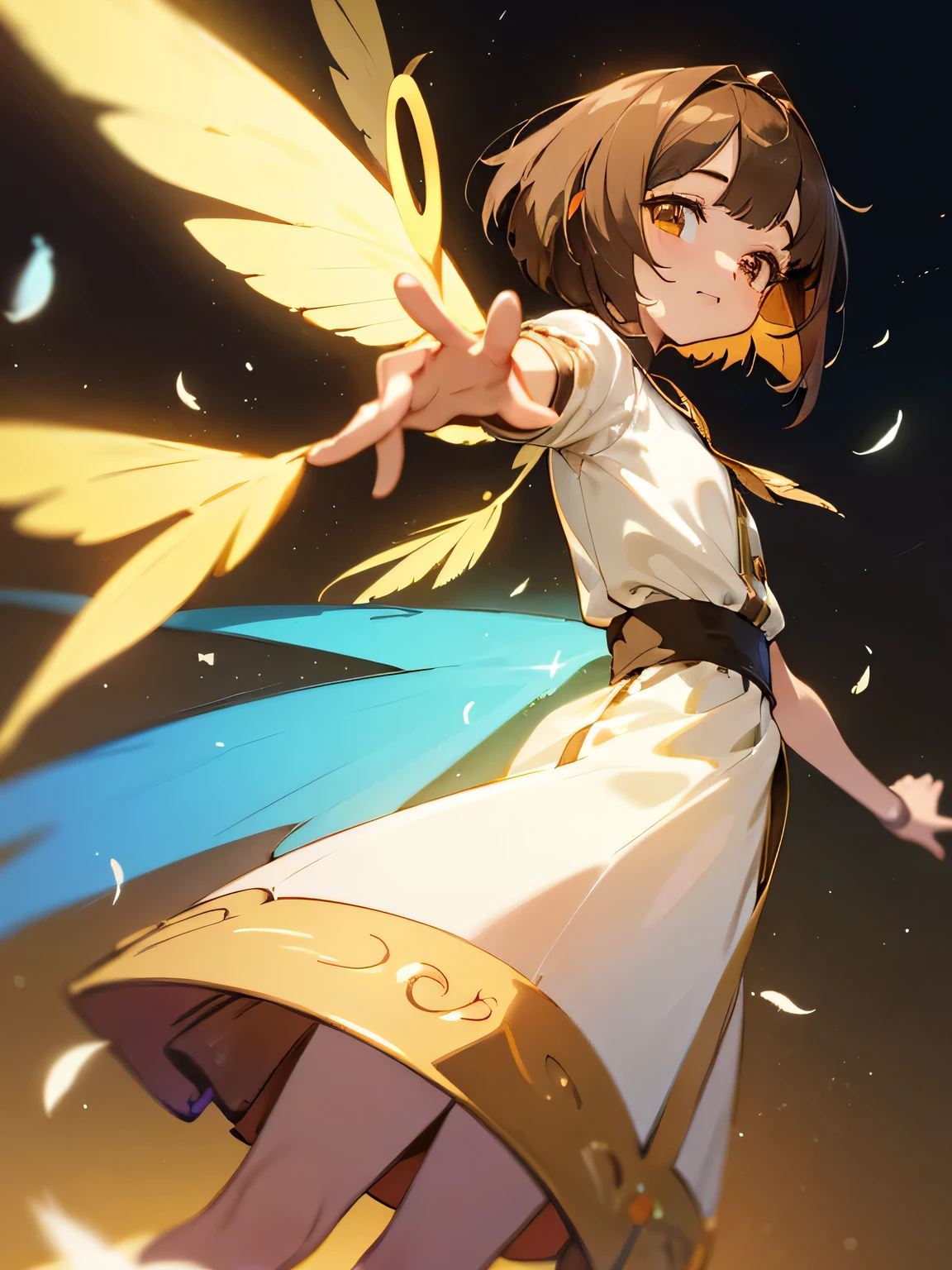 kawaii, anime, Cute, hyper quality, highly detailed, 8k, Clarity, Draw facial expressions in detail, golden eyes, brown hair, bob cut, highlight on eyes, fairy, fairy wings, Feathers dance, wink, There are lots of sweets around, cute pose, stretching out right hand, light shines, aerial view, The expression is a wink, A bird flaps its wings in the sky, Thank you for waving, upward glance,