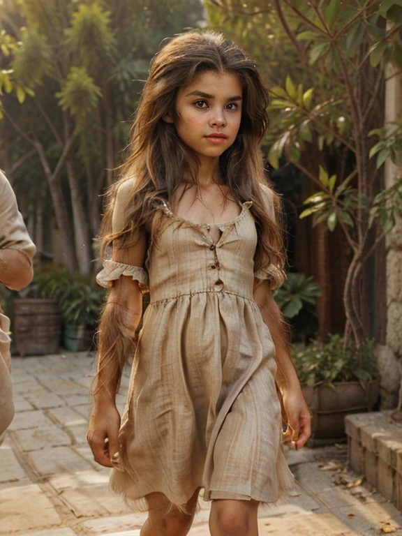 Young pretty cute teenage girl 12 years old with rudimentary hair growth on all skin((hypertrichosis)); Homo erectus; (((русская юная ДЕВОЧКА 12 лет с hypertrichosisом))), (whole body покрыто короткой коричневой шерстью:1.3), facial hair, Body hair, thick eyebrows, deep-set realistic expressive brown eyes, wide flat nose, extremely shaggy thick straight long brown hair on the head, slight hair growth throughout the body like a monkey, proportionate, developed physique, beautiful face covered with short hair, flat chest, Teenage Physique); whole body, neutral background, ((dressed in a linen sundress)), bare feet, Standing pose, (((Neanderthal girl))), beautiful young furry face, Fairly proportionate build for a 12 year old boy, rudimentary hair growth of the skin((hypertrichosis))