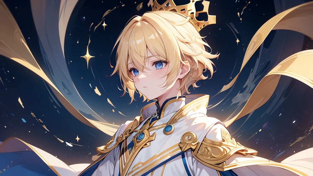 (Highest quality)　(4K)　(8k)　(High resolution)　(masterpiece:1.2)　(Super detailed)　One boy　short hair　Wizard　Blue Eyes　Long sleeve　Golden decoration　Hair between the eyes　White costume　Wavy golden hair　Upper Body　　Young　Serious　A  of about fifteen years old　Upper Body　Blonde　Look at top left　((profile))　Wear the crown