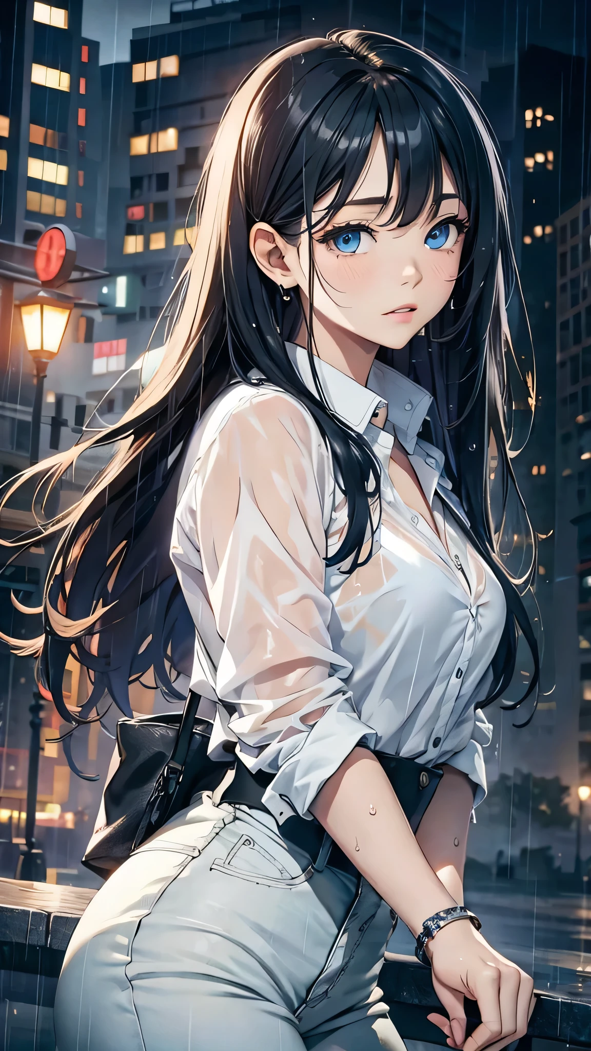 最high quality、Best image quality、masterpiece、With a girl((cute、、Best Bust、Medium Bust、Beautiful Blue Eyes、Spread your chest wide,Black Hair、Disheveled Hair、thin、Highest Valley、white open Y shirt,Black trousers、Teary whole body is wet、cry))high quality、Beautiful art、background((night、heavy rain、City)),Tabletop、Exquisite design、Visual Arts、Written boundary depth、Best lighting、Highest detail、8k