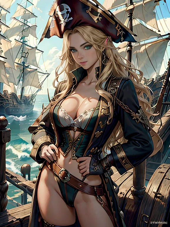 (Browsing Caution), (masterpiece, Highest quality), Beautiful woman, Upper body portrait, 18-year-old, Long pointed ears, Elegant long wavy blonde hair, (A toned and slender body, Well-shaped large breasts), ((Self-illuminating skin)), Revealing pirate clothing, (Long sleeve pirate coat), Full Harness, Torn pirate hat with feather, (Captivating smile), (so beautiful, Symmetrical face), (Detailed and beautiful green eyes), (pirate ship),Cinema Lighting, fine grain, Key Art, Awards, intricate detail realism hdr, Photorealism, Hyperrealism, Ultra-realistic, Dramatic Light, Nice views, Written boundary depth