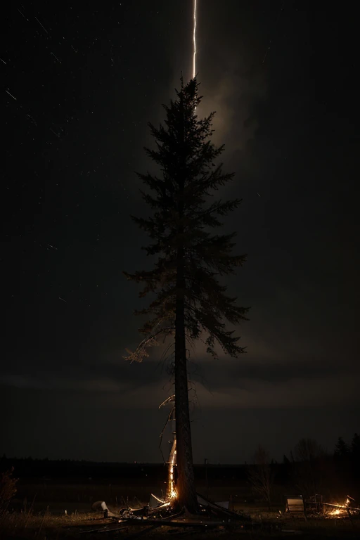 Lighting falling from dark sky into a dead fire tree