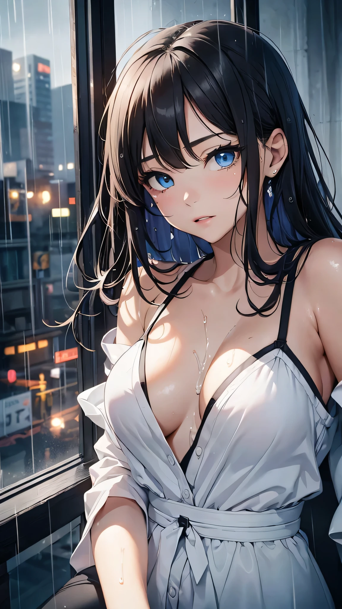 最high quality、Best image quality、masterpiece、With a girl((cute、、Best Bust、Medium Bust、Beautiful Blue Eyes、Spread your chest wide,Black Hair、Disheveled Hair、thin、Highest Valley、white open Y shirt,Black trousers、Teary whole body is wet、cry)）high quality、Beautiful art、background((night、heavy rain、City)),Tabletop、Exquisite design、Visual Arts、Written boundary depth、Best lighting、Highest detail、8ｋ