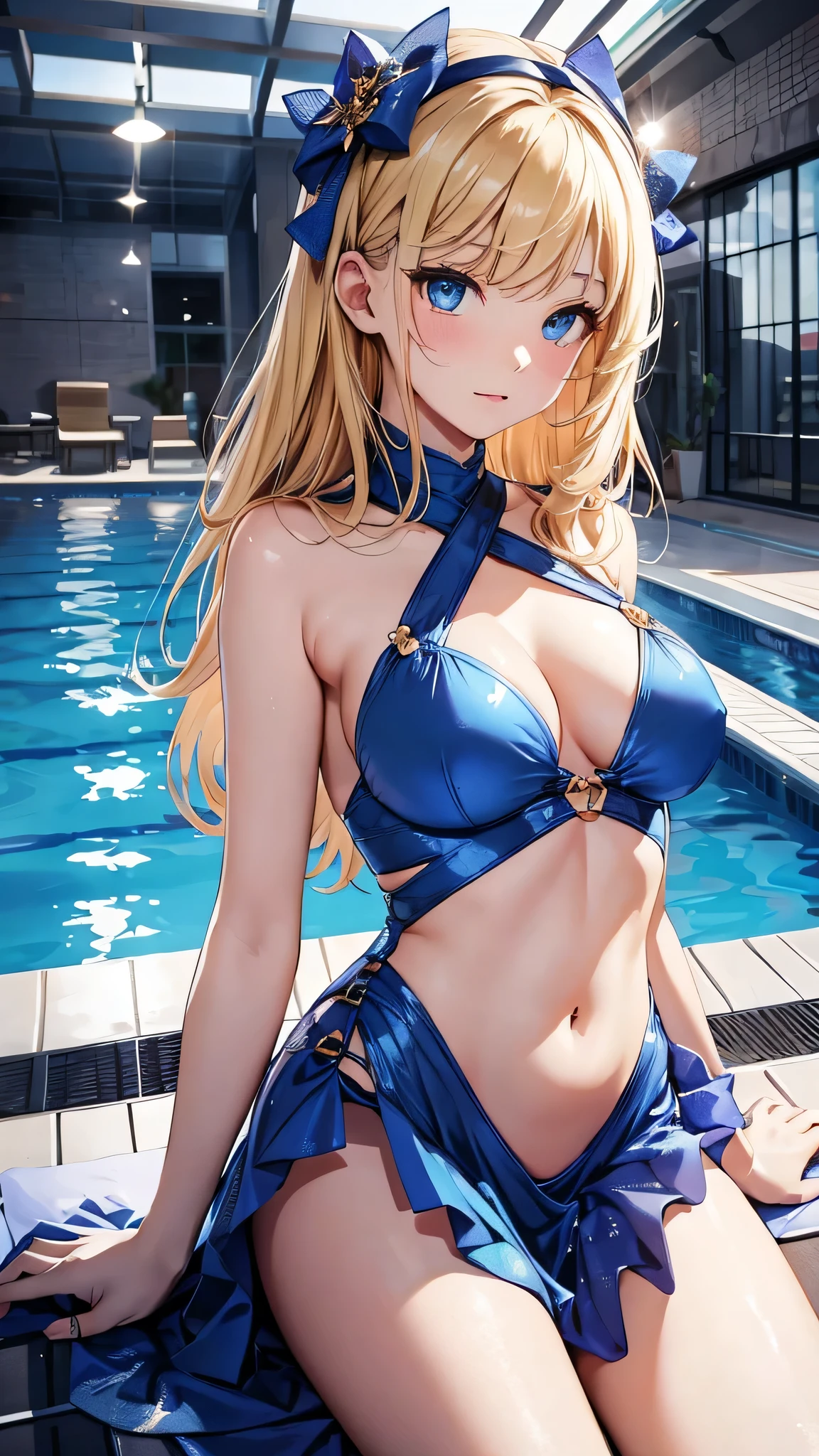 最high quality、Best image quality、masterpiece、With a girl((cute、、Best Bust、Medium Bust、Beautiful Blue Eyes、Spread your chest wide,blonde、thin、Highest Valley、Blue dress bikini,Show your whole body、Blue Mesh,swim,Embarrassed face、shame、Random Pause))high quality、Beautiful art、background((night、Daylight Saving Time、Pool facilitieany people々々、Leisure facilities)),Tabletop、Exquisite design、Visual Arts、Written boundary depth、Best lighting、Highest detail、8k