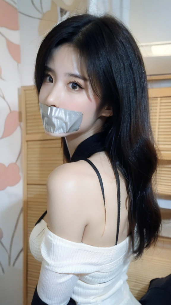 One female, selfie、face close up、cheerful smile、big tear bag、tape gag,Room lighting:none、front lighting:weak、Photo taken with iPhone、Japanese cute half-haired girl、profile、looking at the camera、black sweater, white wallpaper only, Rooms without lights、Cleavage Bulge