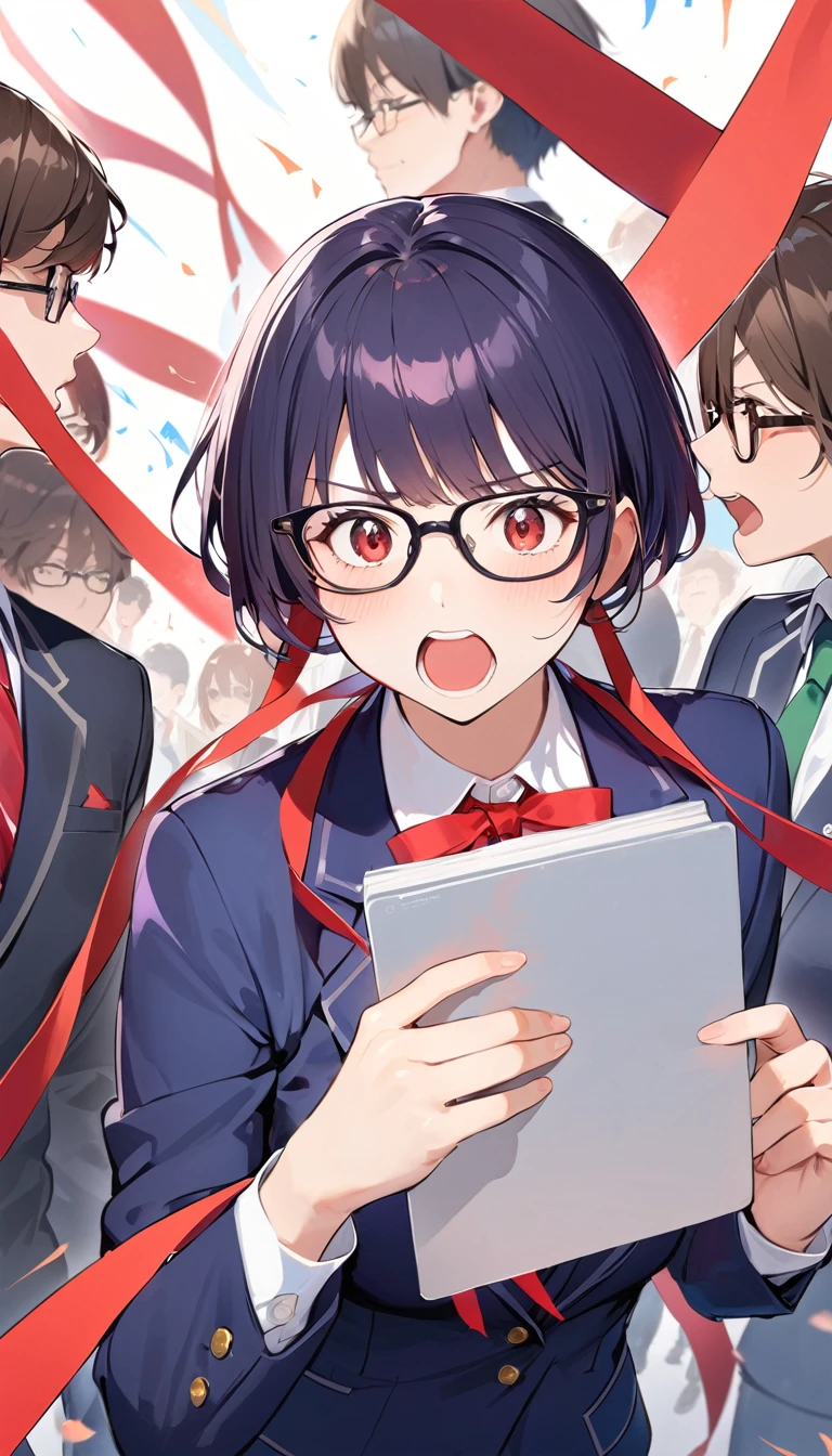 A high school girl with black short bob hair, Glasses,Red ribbon,wearing a navy blazer ,panic