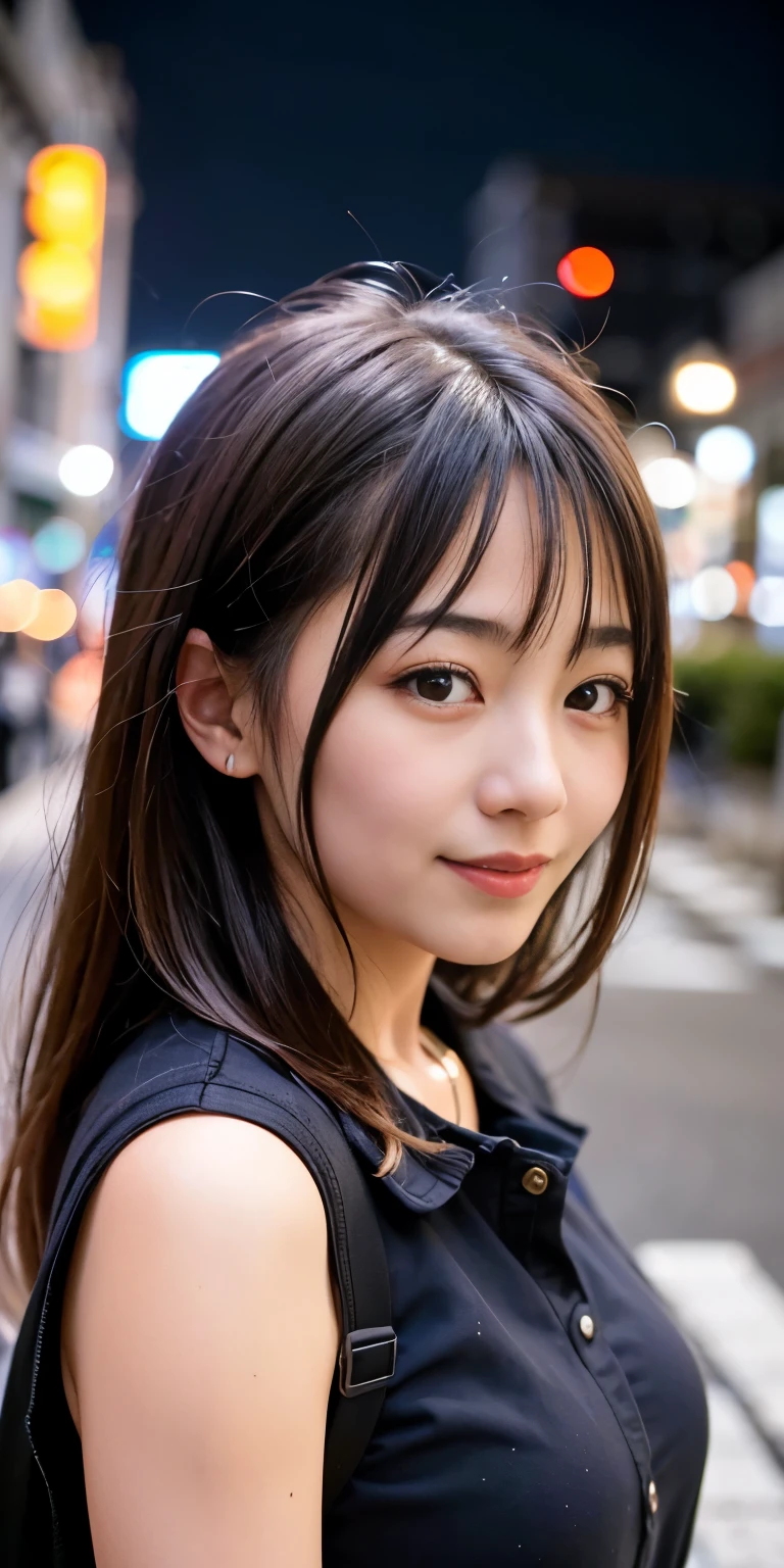 1 girl, Tokyo Street,night, Streetscape,City lights,Upper Body,close,smile,, (8k, RAW Photos, Highest quality, masterpiece:1.2),(Realistic, photo-Realistic:1.37),