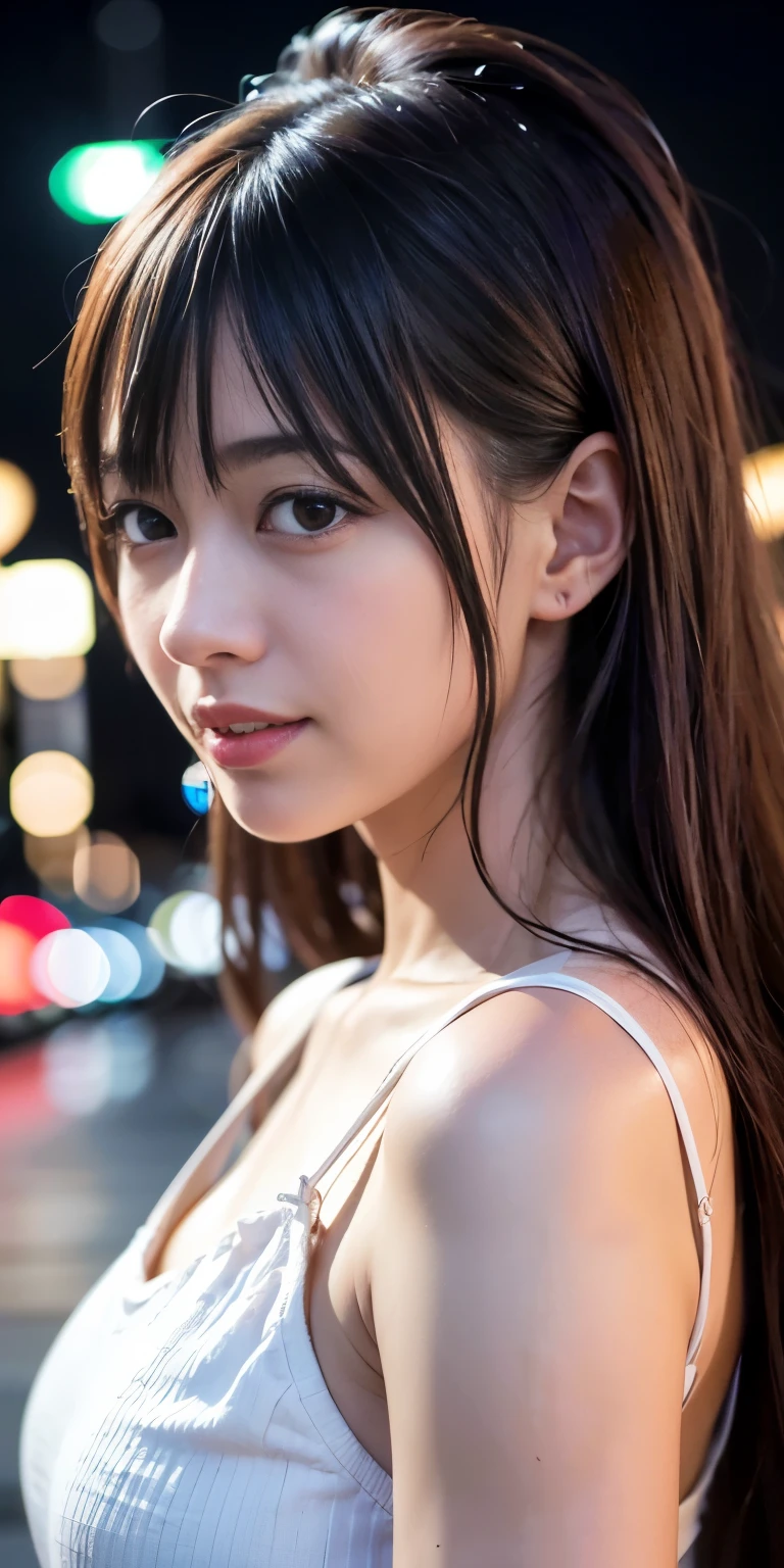 1 girl, Tokyo Street,night, Streetscape,City lights,Upper Body,close,smile,, (8k, RAW Photos, Highest quality, masterpiece:1.2),(Realistic, photo-Realistic:1.37),