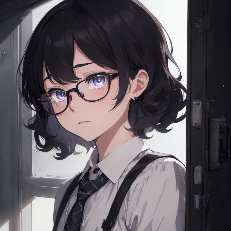 (1 boy), school boy, male, tie, holding a bool, cute boy, adorable, Thick black frame glasses, shy, black messy hair, bluish-grey eye color, wearing glasses, 4k, detailed, anime 4k, (Curly hair), from side, character focus, ((black light)),((dark lighting)), cinematic lighting ,(darkness), (concept art), high resolution,(incredibly absurdres) ,extremely detailed CG unity 8k wallpaper, ((masterpiece)), ((top-quality)), (beautiful illustration), ((an extremely delicate and beautiful)), (masterpiece, Best quality, ultra high resolution), Black hair, pale skin, ultra detailed eyes, Beautiful and detailed face, detailed eyes, (Centered, torso), (tears), (wide shot:0.9), facing the viewer, Eye level