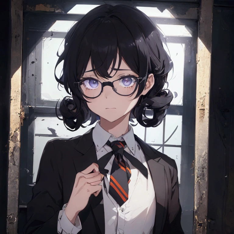 (1 boy), school boy, male, tie, holding a bool, cute boy, adorable, Thick black frame glasses, shy, black messy hair, bluish-grey eye color, wearing glasses, 4k, detailed, anime 4k, (Curly hair), from side, character focus, ((black light)),((dark lighting)), cinematic lighting ,(darkness), (concept art), high resolution,(incredibly absurdres) ,extremely detailed CG unity 8k wallpaper, ((masterpiece)), ((top-quality)), (beautiful illustration), ((an extremely delicate and beautiful)), (masterpiece, Best quality, ultra high resolution), Black hair, pale skin, ultra detailed eyes, Beautiful and detailed face, detailed eyes, (Centered, torso), (tears), (wide shot:0.9), facing the viewer, Eye level