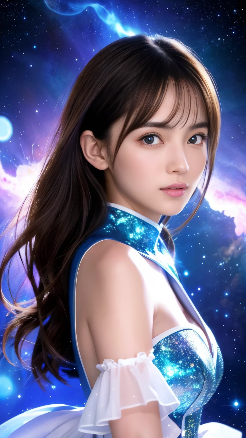 4K Ultra HD, masterpiece, A girl with a magical aura, Nice face, Long Hair, Shiny Hair, Detailed eyes, Glossy Lips, Blue Tata Costume, Aura around the body, Magical Effects, Spreading white light, Cosmic elements and ethereal atmosphere, A mix of bright lights and colorful nebulae, Space Background, Perfect body,