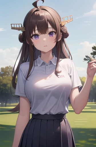 Ship Kongo, black, Ahoge, black髪ロングヘアー,Big Breasts, Double Bang, Hair Bun, Hair Bunド, headgear, Long Hair, (Purple eyes:1.1), 
(Golf Wear), (Pleated skirt)
壊す looking at viewer, 
Destroy outdoors,Golf Break (masterpiece:1.2), Highest quality, High resolution, unity 8k wallpaper, (shape:0.8), (Beautiful attention to detail:1.6), Highly detailed face, Perfect lighting, Extremely detailed CG, (Perfect hands, Perfect Anatomy),