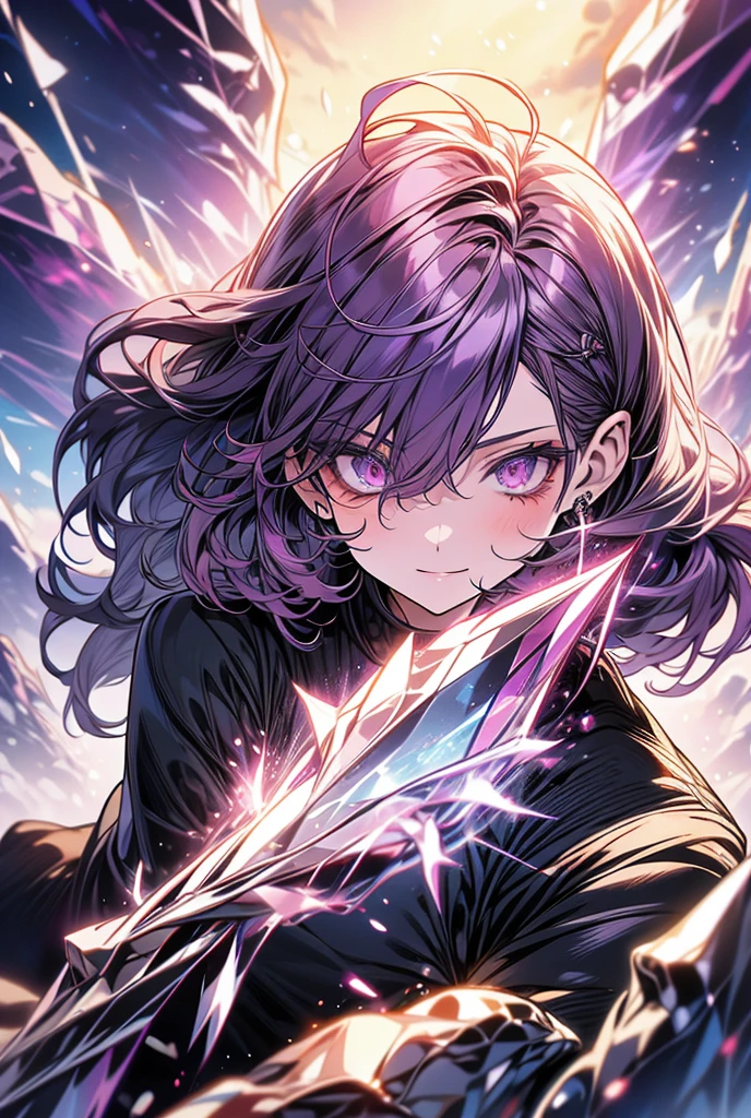 purple hair, shiny hair, crystal hair, Surrealism, anime, backlighting, 8k, super detail, UHD, retina, accurate, anatomically correct, textured skin, super detail, high details, high quality, award winning, best quality, highres
"Create an AI-generated image of a girl with purple hair, evoking destruction and regeneration. Set the background to represent a world of black and white."