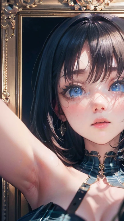 Anime Kawaii sexy Perfect Slim sensual body large breast and huge thighs, An intricate and highly detailed illustration of anime (Young girl).  ((Biologically correct member count))、(( full body including face))、4K、work of art、((focus on the face))、((Symmetrical, well-proportioned facial features))、Eyes with delicate representations、(((1 person)))、beautfull woman、Outstanding Style、slenderbody、(((High heels with ankletshinestones sleeveless、plaid hip skirt)))、necktie、(((photo with white frame、photo with white frame)))、((looking up))、unexpressive、(((riverside、stay on the surface of the water)))、(Upper body close-up photo)、greatest angle、dawn、Raby、((A backlit photo with the sun in the background))、Calf tattoo、