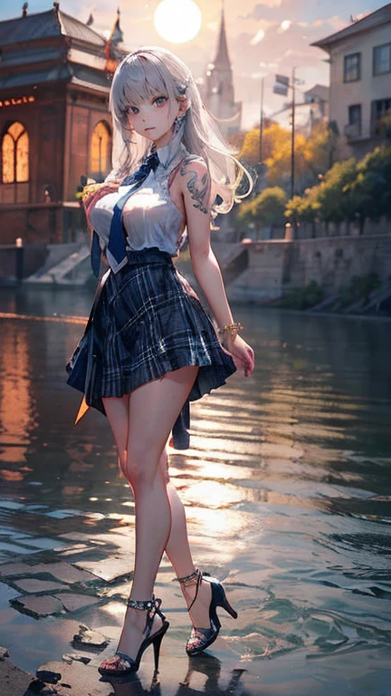 Anime Kawaii sexy Perfect Slim sensual body large breast and huge thighs, An intricate and highly detailed illustration of anime (Young girl). ((Biologically correct member count))、(( full body including face))、4K、work of art、((focus on the face))、((Symmetrical, well-proportioned facial features))、Eyes with delicate representations、(((1 person)))、beautfull woman、Outstanding Style、slenderbody、(((High heels with ankletshinestones sleeveless、plaid hip skirt)))、necktie、(((photo with white frame、photo with white frame)))、((looking up))、unexpressive、(((riverside、stay on the surface of the water)))、(Upper body close-up photo)、greatest angle、dawn、Raby、((A backlit photo with the sun in the background))、Calf tattoo、