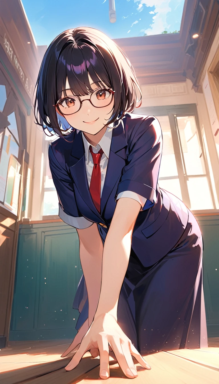 (looking at viewer), A high school girl with black short bob hair, Glasses,Red ribbon,wearing a navy blazer , A high school girl with black short bob hair, wearing a navy blazer ,Glasses, Navy long skirt,please,Are standing,Bowing the head,Leaning forward,Extend your right hand forward,（Smile with all your might)