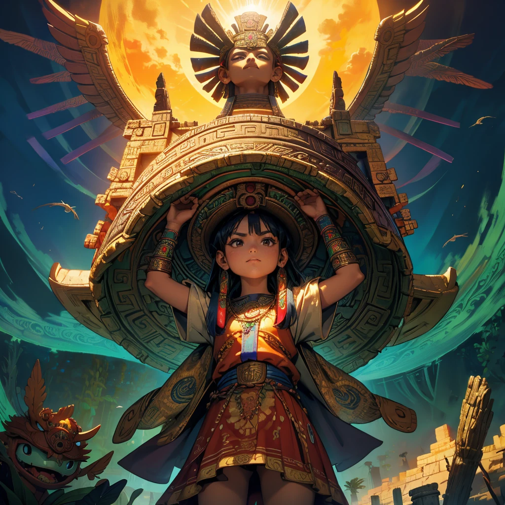Childish,  high quality、Very detailed、８Year、Mayan Aztec young priestess、Flying Feathered Serpent（Quetzalcoatl Kukulkan）Looking up at the sky and offering prayers、Chichen Itza Temple of the Sun in the Forest、mysterious、