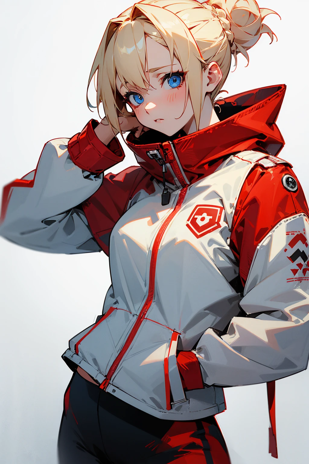 1female, blonde hair, messy updo, blue eyes, somber expression, white tee, red puffer jacket, white and red accent design pants, foggy background, hands to side, detailed face