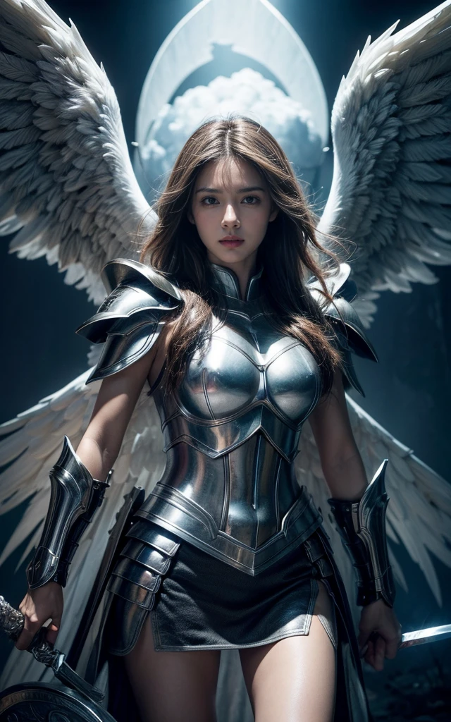 Ultra-high resolution,High-resolution details,A powerful angel in heavenly armor, Sword with shield, Seven wings, Be prepared for battle