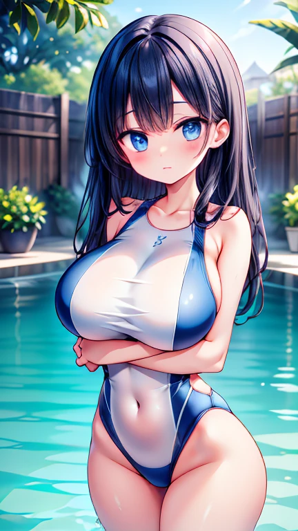 Anime Kawaii sexy Perfect Slim sensual body large breast and huge thighs, An intricate and highly detailed illustration of anime (Young girl). An active 18 year old girl、Wearing a competitive swimsuit、Mouth open with a surprised expression、standing with hands on hips、Realistically painted under a well-lit pool、High-resolution imagery。The water goes up to the level of the navel。