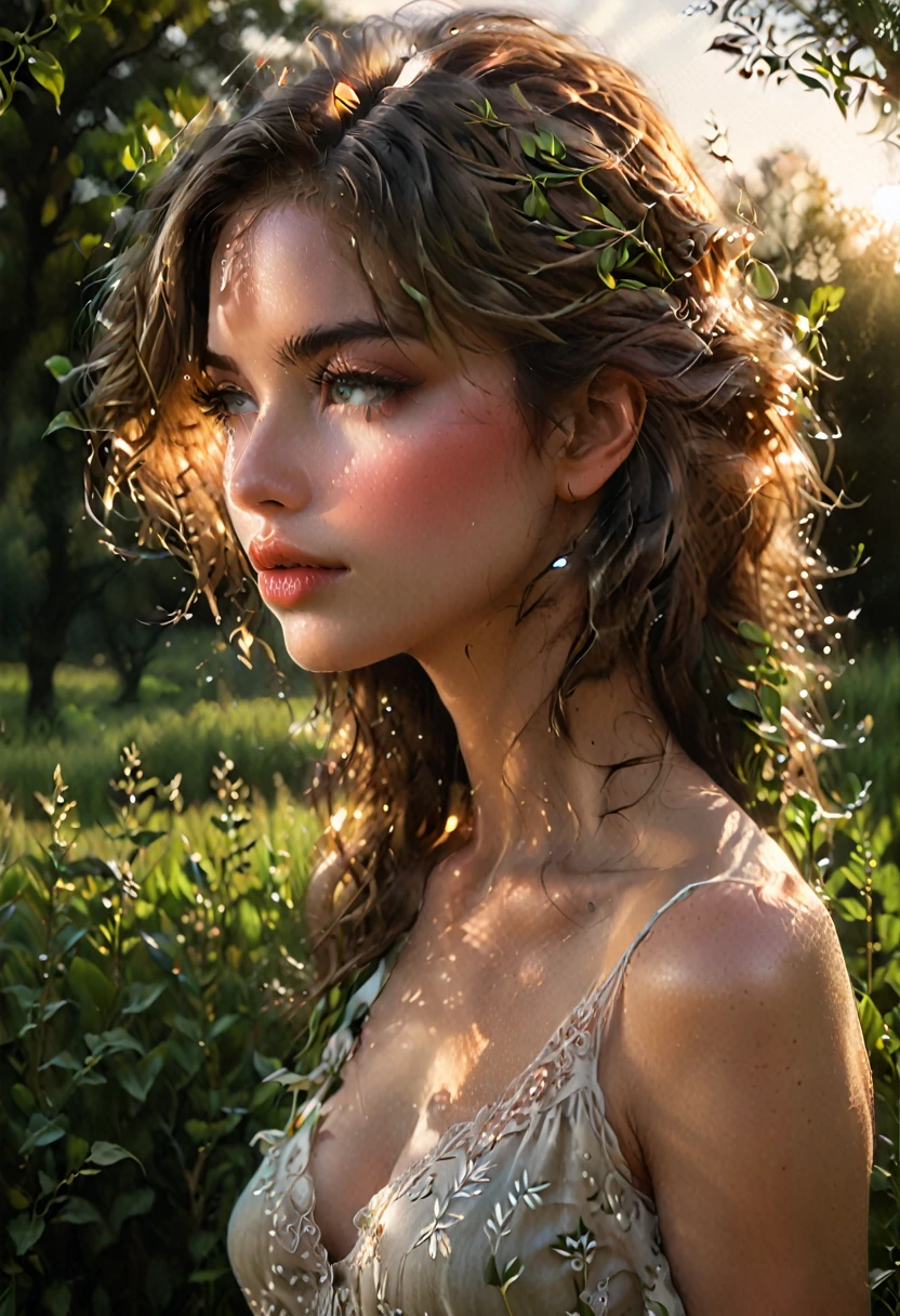 woman, tree, standing in a field, side profile, sensual, beautiful detailed eyes, beautiful detailed lips, extremely detailed face, long eyelashes, elegant pose, graceful figure, detailed landscape, golden hour lighting, lush greenery, warm color tones, cinematic atmosphere, (best quality,4k,8k,highres,masterpiece:1.2),ultra-detailed,(realistic,photorealistic,photo-realistic:1.37),cinematic,intricate details,dramatic lighting