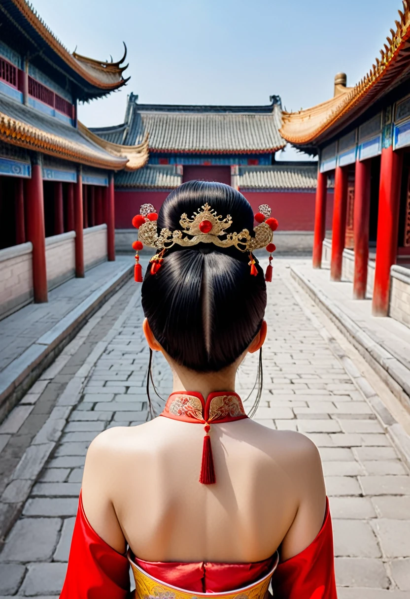 A Chinese Empress seen from the front. A close-up of her buttocks on all fours. The background is the stone paving outside the Chinese palace of the Qing dynasty. She is on all fours, with her hands on her chest, her big buttocks exposed, her thighs sticking out, her legs open and touching the ground, she is not wearing underwear, her buttocks sticking out are floating up.　　　　　　　　　　　　　　　　　　　　　　　　　　　　　　 Her hair was decorated with a large empress crown and large hair ornaments with flashy flowers.　 The back of the hair is tied up and up.　Erotic Woman