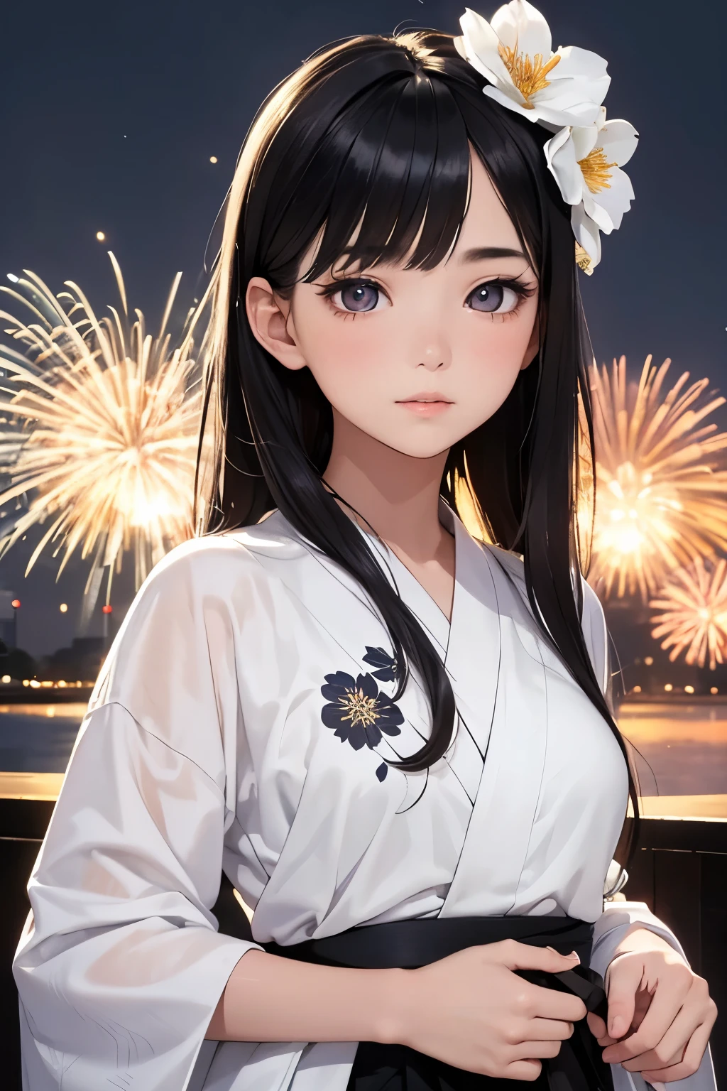 masterpiece,Highest quality,Very detailed,beautiful girl,Black Hair,Beautiful white yukata with floral patterns, teenager,Perfect Face,Beautiful and detailed eyes,Beautiful Skin,skinny,Dynamic,Night Sky,firework