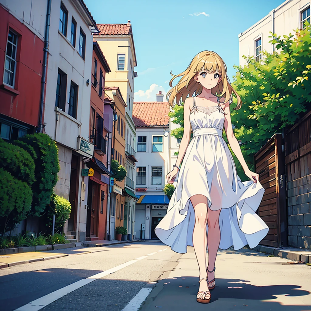 Summer woman in white dress walking down the street
