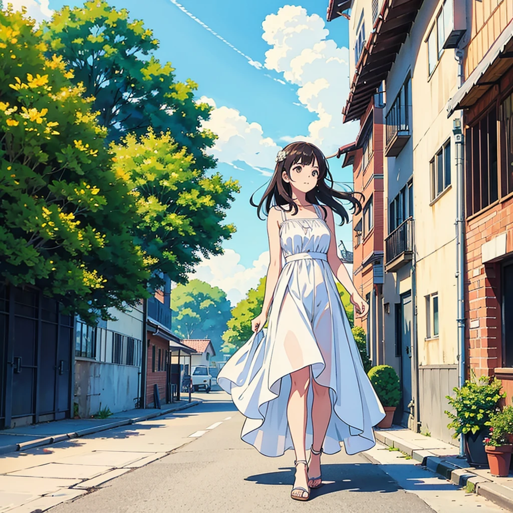 Summer woman in white dress walking down the street
