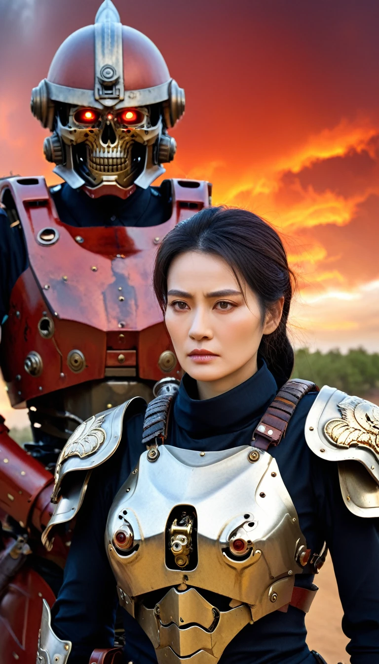 Close-up of a ((extremely beautiful old female warior)) , half human, half machine, their faces a bit partially obscured by military helmets. Their eyes are filled with sadness and longing. The background is a trail of blood and violence. SHe wears a mechanized robot armor, carved with animal elements, human skulls. The sky is filled with swirling, fiery clouds. The photo conveys a strong sense of the warrior's appearance