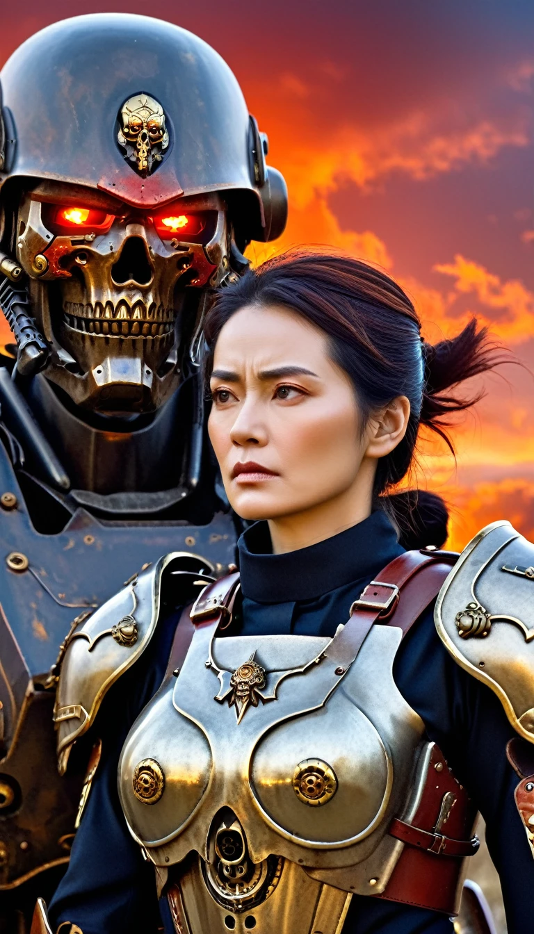 Close-up of a ((extremely beautiful old female warior)) , half human, half machine, their faces a bit partially obscured by military helmets. Their eyes are filled with sadness and longing. The background is a trail of blood and violence. SHe wears a mechanized robot armor, carved with animal elements, human skulls. The sky is filled with swirling, fiery clouds. The photo conveys a strong sense of the warrior's appearance