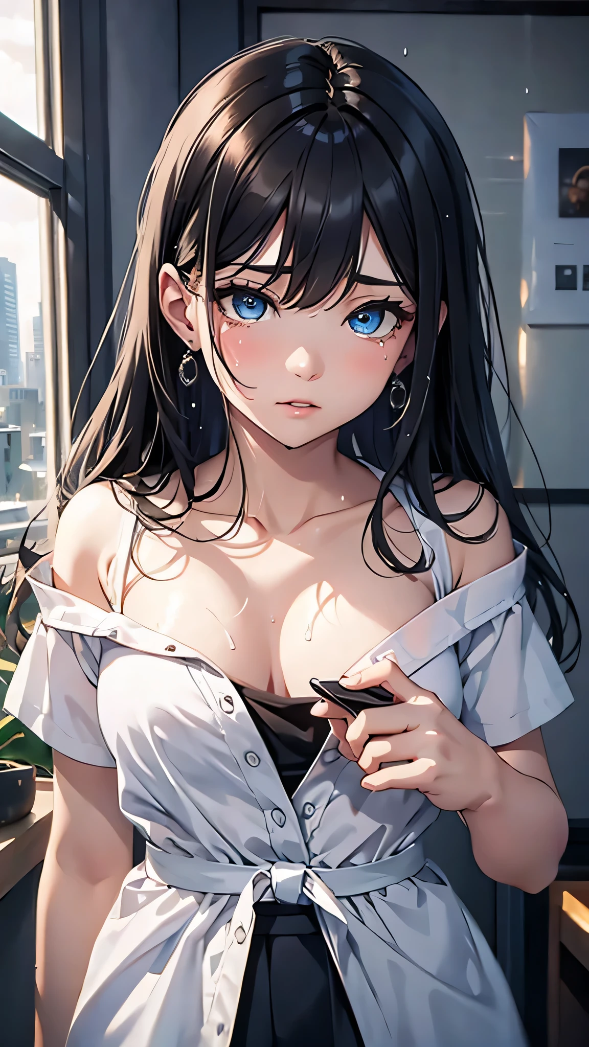 最high quality、Best image quality、masterpiece、With a girl((cute、、Best Bust、Medium Bust、Beautiful Blue Eyes、Spread your chest wide,Black Hair、Disheveled Hair、thin、Highest Valley、white open Y shirt,Black trousers、Teary whole body is wet、cry))high quality、Beautiful art、background((night、heavy rain、City)),Tabletop、Exquisite design、Visual Arts、Written boundary depth、Best lighting、Highest detail、8k