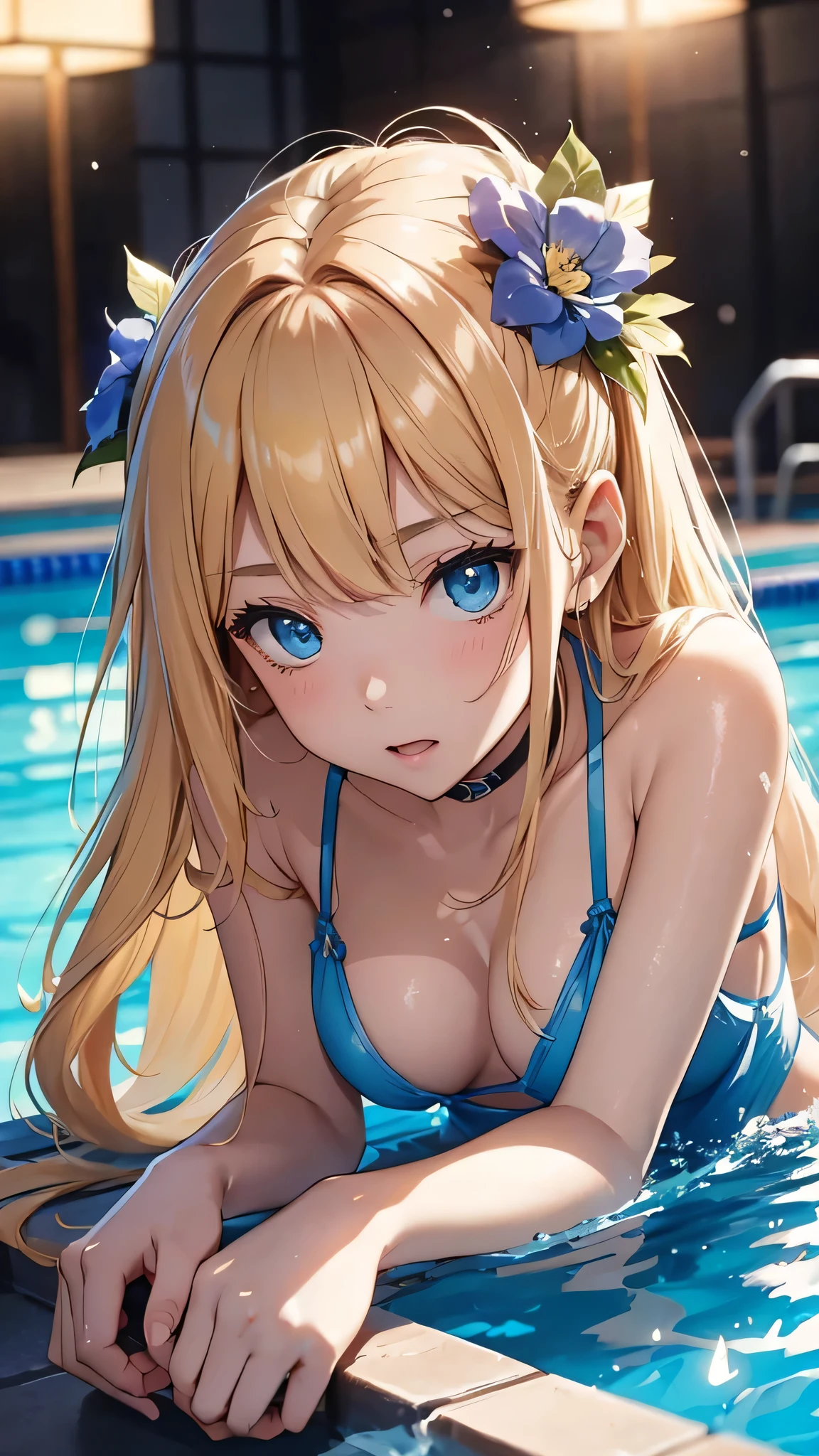 最high quality、Best image quality、masterpiece、With a girl((cute、、Best Bust、Medium Bust、Beautiful Blue Eyes、Spread your chest wide,blonde、thin、Highest Valley、Blue dress bikini,Show your whole body、Blue Mesh,Embarrassed face、shame、On all fours)）high quality、Beautiful art、background((night、Daylight Saving Time、Pool facilitieany people々々、Leisure facilities)),Tabletop、Exquisite design、Visual Arts、Written boundary depth、Best lighting、Highest detail、8ｋ