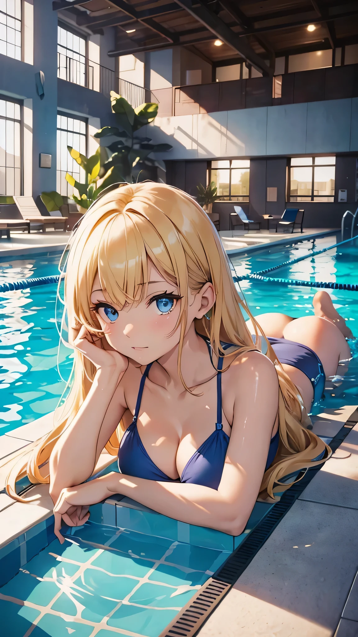 最high quality、Best image quality、masterpiece、With a girl((cute、、Best Bust、Medium Bust、Beautiful Blue Eyes、Spread your chest wide,blonde、thin、Highest Valley、Blue dress bikini,Show your whole body、Blue Mesh,Embarrassed face、shame、On all fours))high quality、Beautiful art、background((night、Daylight Saving Time、Pool facilitieany people々々、Leisure facilities)),Tabletop、Exquisite design、Visual Arts、Written boundary depth、Best lighting、Highest detail、8k