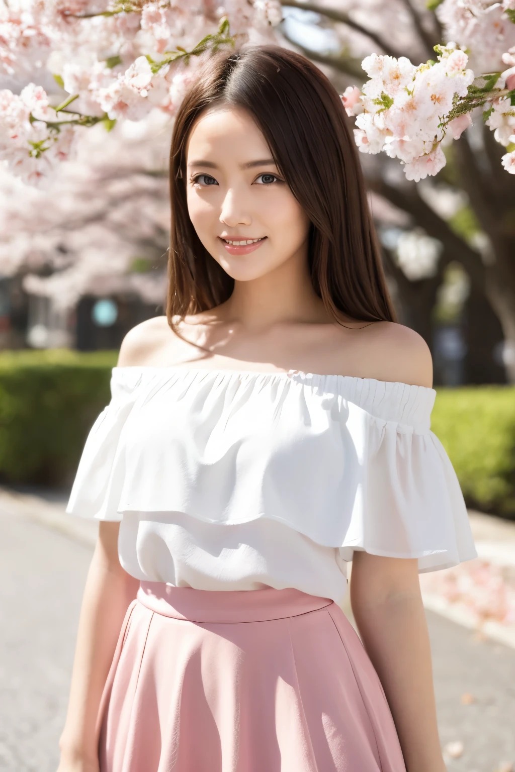 (Highest quality、Tabletop、8k、Best image quality、Hyperrealism)、Accurate anatomy、The best smile、(Close-up of face:1.1)、(White off-the-shoulder blouse with large frills:1.2)、(Elegant and cute light pink flared skirt:1.2)、Blurry park background、Blurred cherry blossoms in full bloom、Are standing、(Very bright and vivid:1.1)、(Bright and glowing skin:1.1)、(Beautiful sunny sky:1.1)